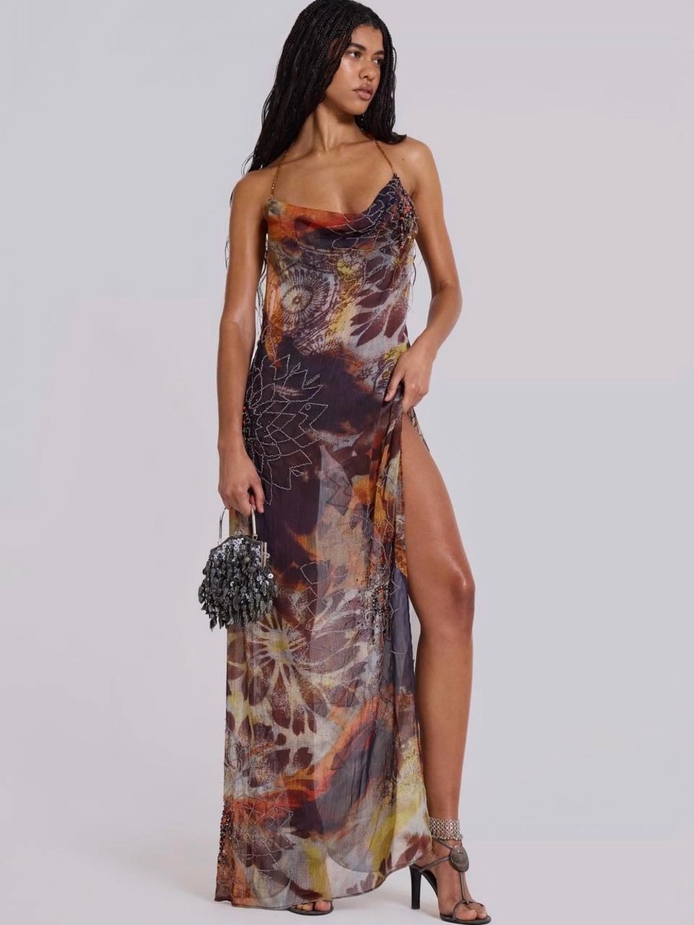 Jaded London 
Dahlia Cowl Beaded Dress in Brown
